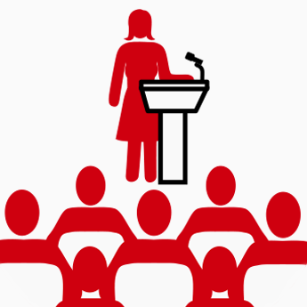 graphic of person at podium in front of audience
